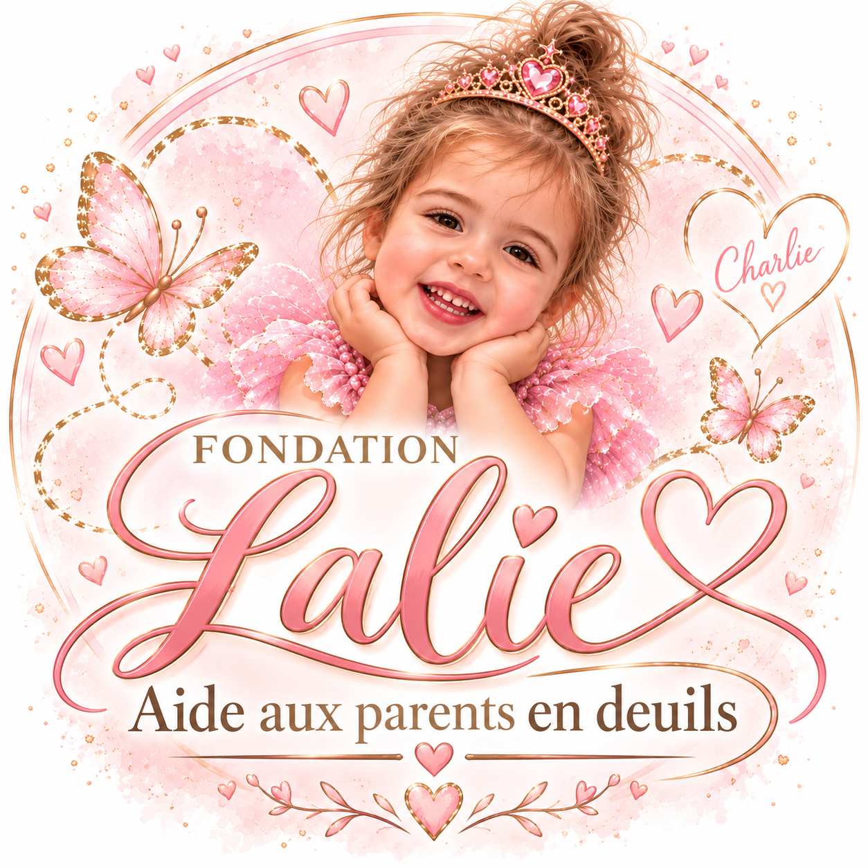 Logo rose et doré de la Fondation Lalie, à la mémoire de Charlie